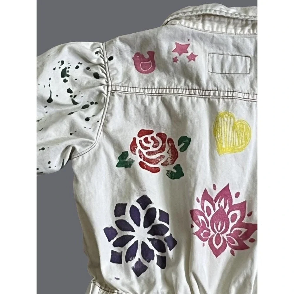 HAND PAINTED Ivory Cotton Romper Shorts Graffiti Art-To-Wear SHORTALLS Girls 8